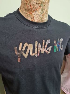 YOUNG MC BLACK and MIRROR CHROME logo T-Shirt Mens Unisex