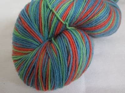 Lime, coral and blue sock yarn