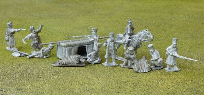 GAPS24 Retreat from Kabul (Set IX). Straggler Vignettes. Dhoolie, 12 figs, horse, minor accessories.