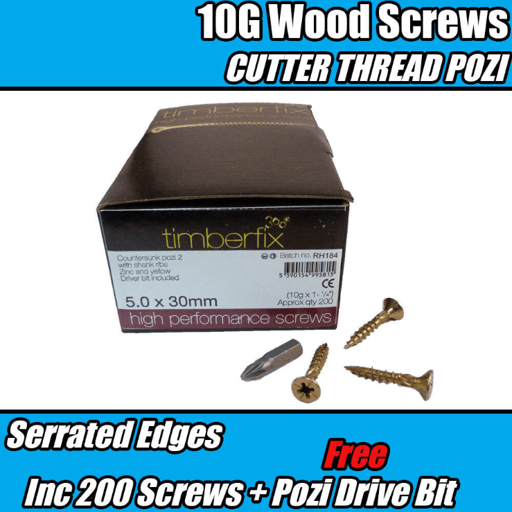 5.0mmx30mm 10G Premium Wood Screws Cutter Thread Pozi Csk Timberfix 360 ...
