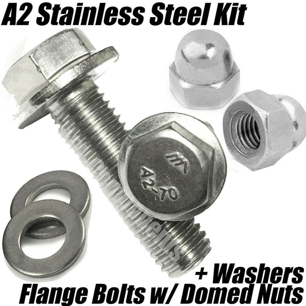 M6 A2 Stainless Steel Hex Head Flange Bolts, Domed Nuts + Washers