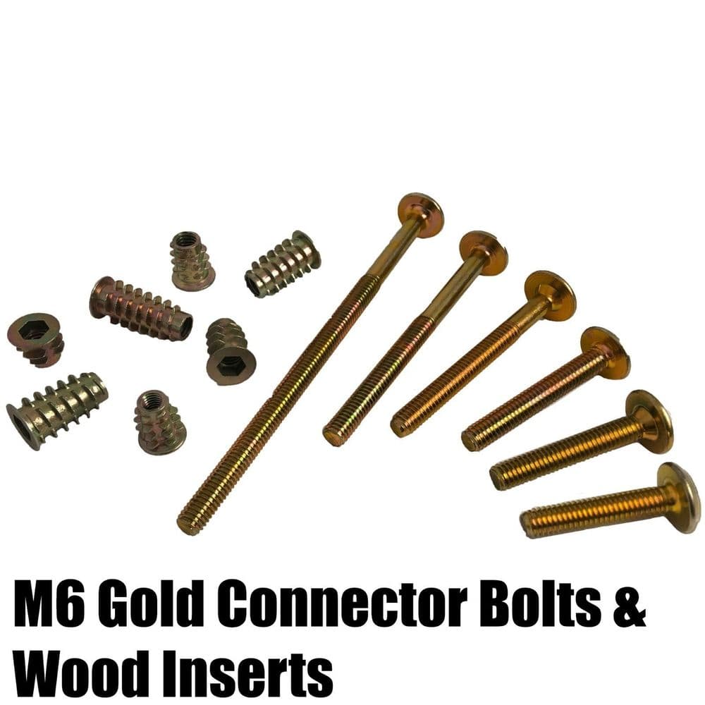 M6 Gold Yellow Furniture Connector Bolts 6mm Wood Inserts Hex Drive