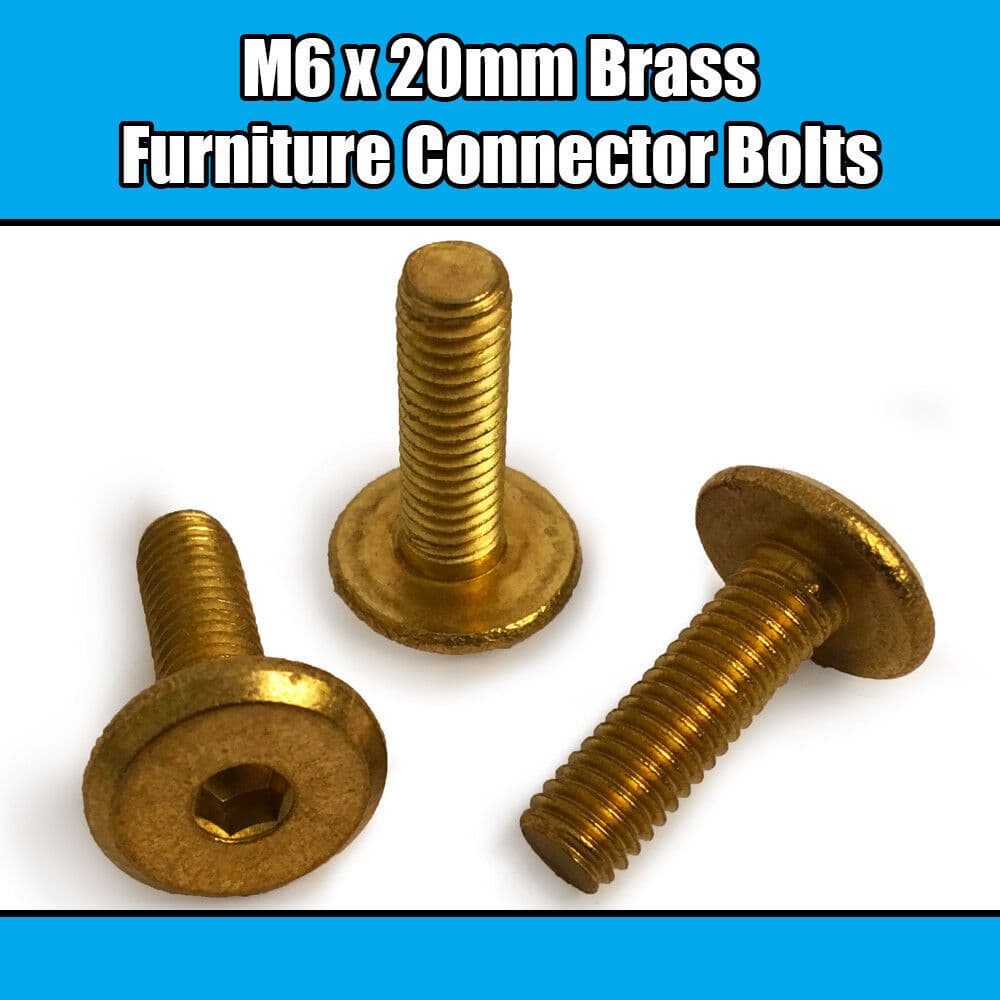 M6x20mm Solid Brass Furniture Connector Bolts Flat Hex Drive Joint Bed Cot