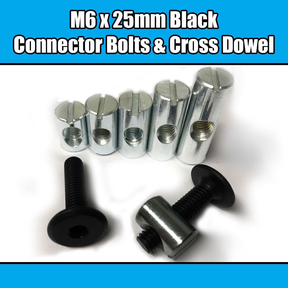 M6x25mm Black Furniture Connector Bolts & Cross Dowel Barrel Nuts