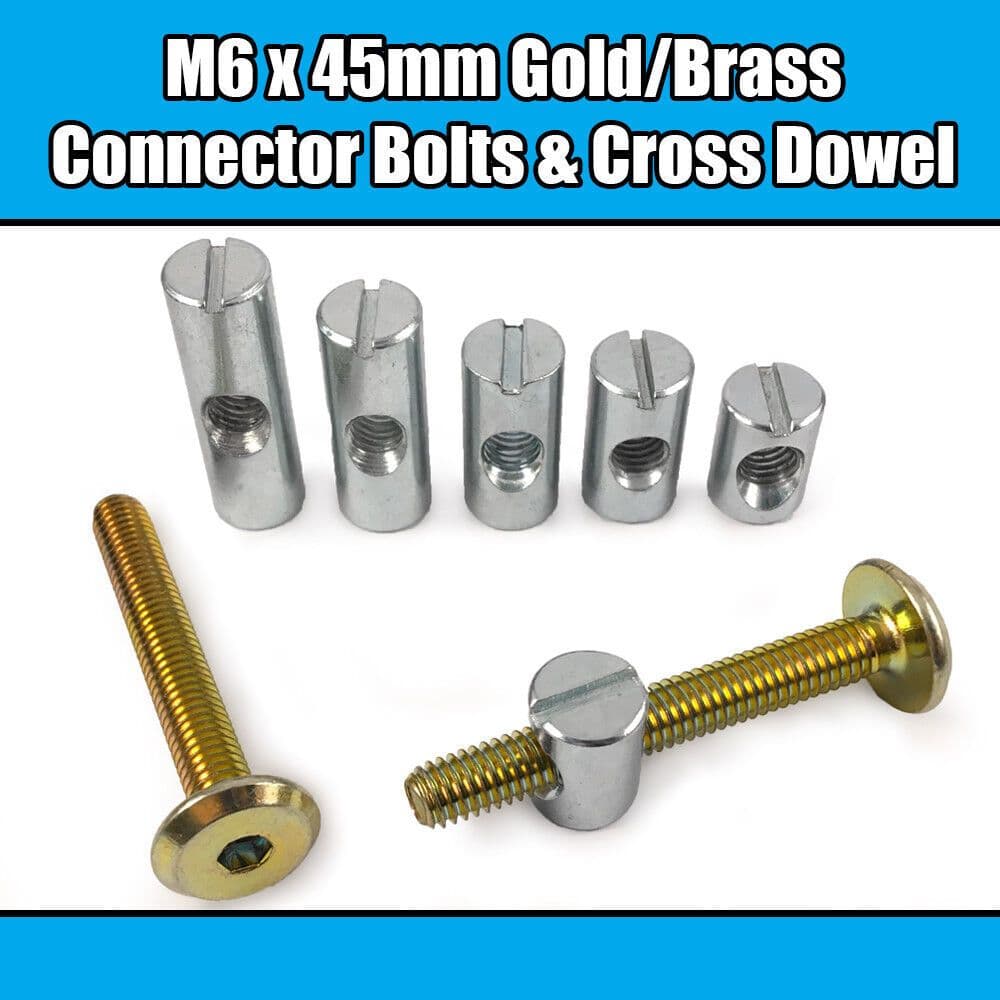 M6x45mm Gold Yellow Furniture Connector Bolts Cross Dowel Barrel Nuts