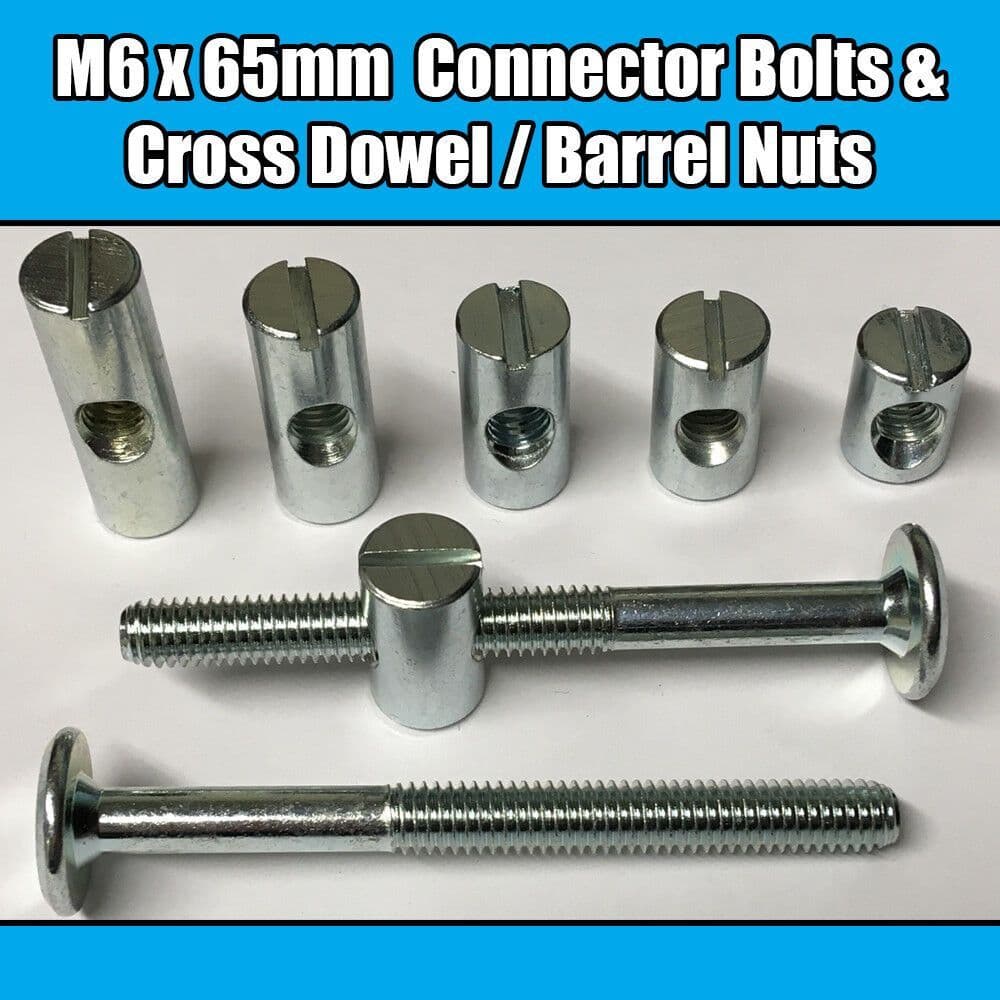 M6x65mm Furniture Connector Bolts & Cross Dowel Barrel Nuts Joint