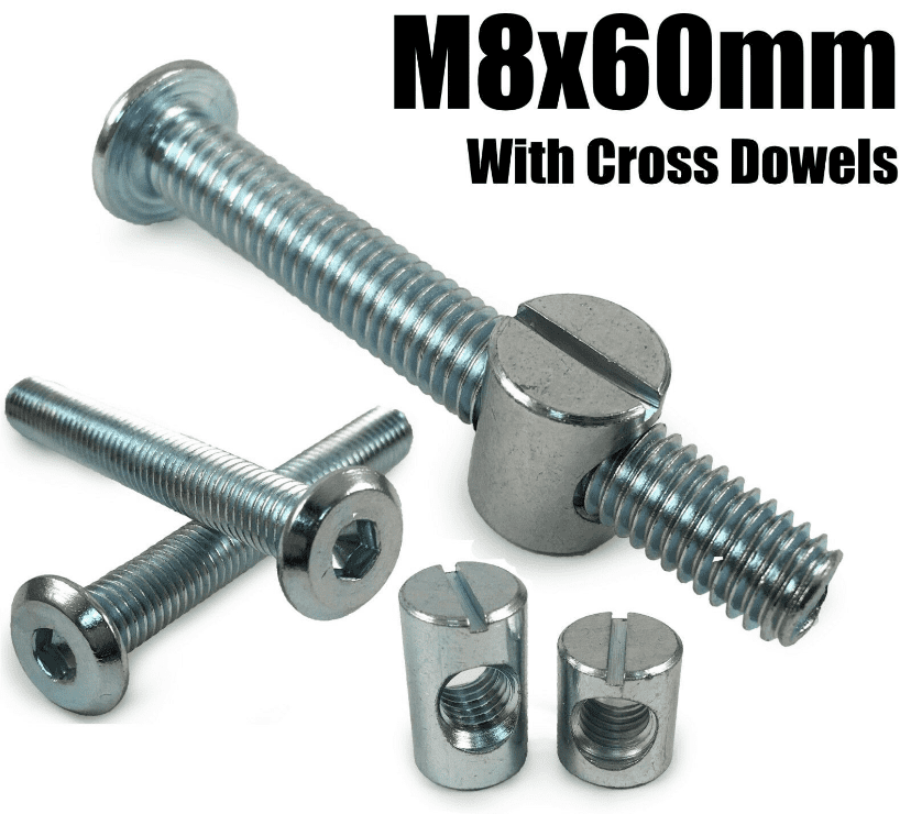 M8X60mm Furniture Connector Bolts & Cross Dowel Barrel Nuts Beds Desks