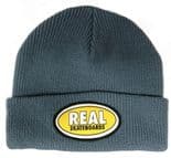 REAL  SKATEBOARDS "Oval Embroidered - Cuff" Skateboard Snowboard Wooly Hat Beanie DARK GREY