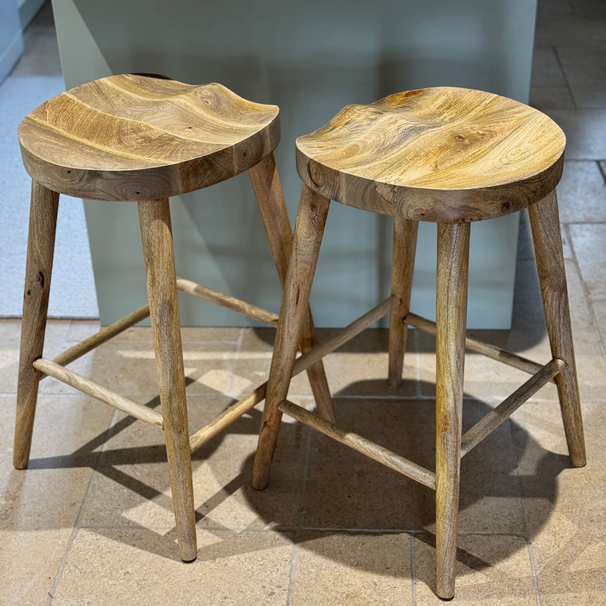 Mango Wood Bar Stools Industrial 64cm Tractor Style Mango Wooden