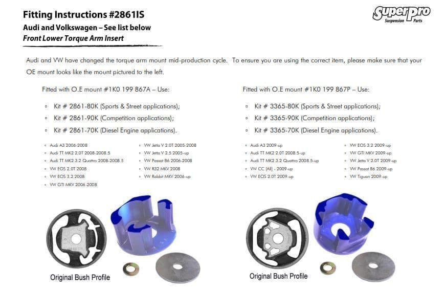SuperPro Lower Torque Engine Mount Dogbone Bush Application Data For VAG Cars