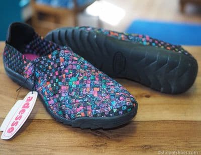 Adesso all elastic upper fun darker multi coloured summer shoe with darker sole
