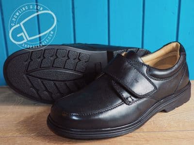Affordable black leather extra deep and wide fitting Velcro shoe.