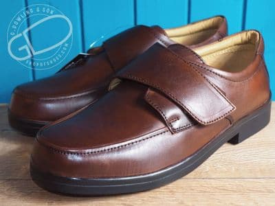 Affordable brown tan leather extra deep and wide fitting Velcro shoe.
