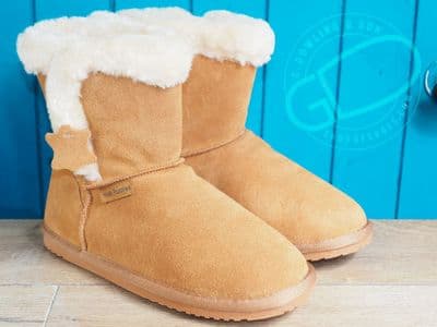 Ashleigh boot style slipper. Made with a real cow suede upper and memory foam comfort insole