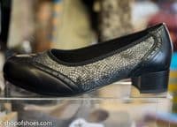 Mosaic ladies stretch black patent leather occasion shoe dress to impress even with sensitive feet from our shop in Whitchurch Hampshire between Andover, Basingstoke, Newbury