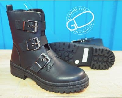 Black Non leather soft textile lined stylish buckled boot with easy access zipped side