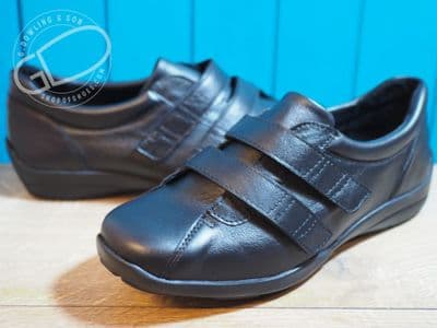 Bullfinch Ladies black leather shoe wide double strap shoe.