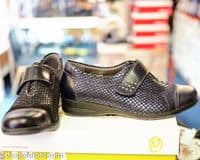 Jenny Ladies black soft leather comfort E - EE perfect fitting Velcro shoe. Available to buy online or collect from our Whitchurch Hampshire shop right between Basingstoke, Winchester, Newbury and Andover on the A34