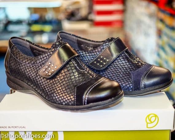 Jenny Ladies black soft leather comfort E - EE perfect fitting Velcro shoe. Available to buy online or collect from our Whitchurch Hampshire shop right between Basingstoke, Winchester, Newbury and Andover on the A34