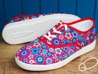 versatile 2E-4E 2V variable fit navy canvas summer shoe with pretty raised stitching and petal motif punching detail from an Db Easy b wide fit specialist near Basingstoke Hampshire.