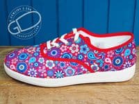 versatile 2E-4E 2V variable fit navy canvas summer shoe with pretty raised stitching and petal motif punching detail from an Db Easy b wide fit specialist near Basingstoke Hampshire.