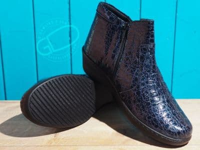 Dark Navy double zipped printed leather ankle boot.