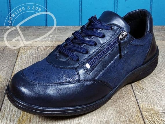 versatile 2E-4E 2V variable fit navy canvas summer shoe with pretty raised stitching and petal motif punching detail from an Db Easy b wide fit specialist near Basingstoke Hampshire.