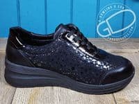 versatile 2E-4E 2V variable fit navy canvas summer shoe with pretty raised stitching and petal motif punching detail from an Db Easy b wide fit specialist near Basingstoke Hampshire.