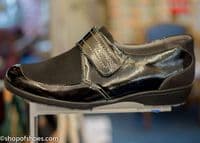 Jenny Ladies black soft leather comfort E - EE perfect fitting Velcro shoe. Available to buy online or collect from our Whitchurch Hampshire shop right between Basingstoke, Winchester, Newbury and Andover on the A34