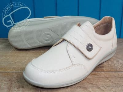 Ladies soft leather touch fastening wide 2v beige shoe.