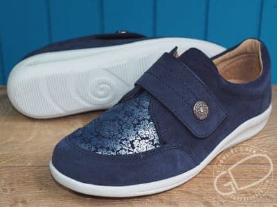 Ladies soft suede leather touch fastening wide 2v navy shoe.