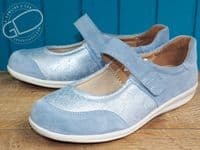 Ladies soft suede leather touch fastening wide 2v sky blue bar shoe.