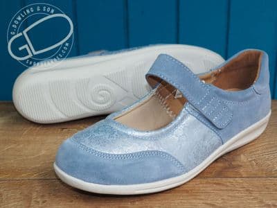 Ladies soft suede leather touch fastening wide 2v sky blue bar shoe.