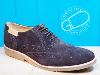 Modern deep brown suede Leather Brogue with traditional grizzled rubber sole.