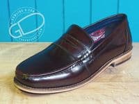 Modern high shine real leather loafer with  hard wearing leather look sole.
