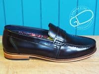 Modern high shine real leather loafer with  hard wearing leather look sole.