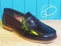 Modern high shine real leather loafer with  hard wearing leather look sole.
