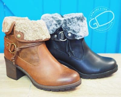 Non leather textile fleece lined stylish heeled boot with easy access zipped side