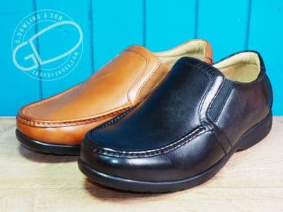 Our best value extra wide smart leather mens slip on shoe in black.
