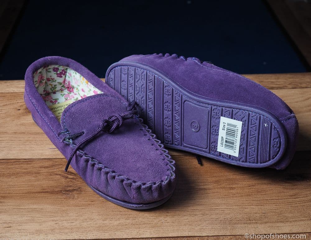 purple Suede Ladies classic Moccasin Slippers with textile lining