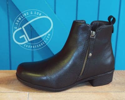 Seville double zipped 2V black leather small heeled ankle boot.