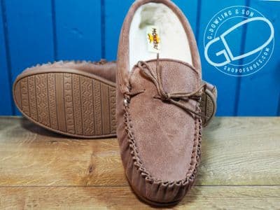 traditional suede moccasin slipper with warm fleece lining .