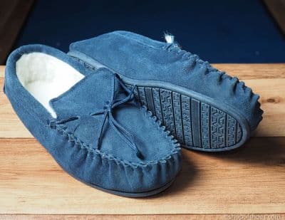 traditional suede moccasin slipper with warm fleece lining  in navy