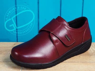 Waterproof soft burgundy leather  everyday shoe with easy touch strap.