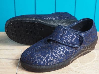 Wide opening  touch fastened slipper available in patterned  navy