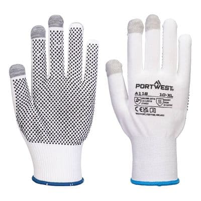 Portwest A118 - Grip 13 PVC Dotted Touchscreen Glove (Pk12)  White/Grey