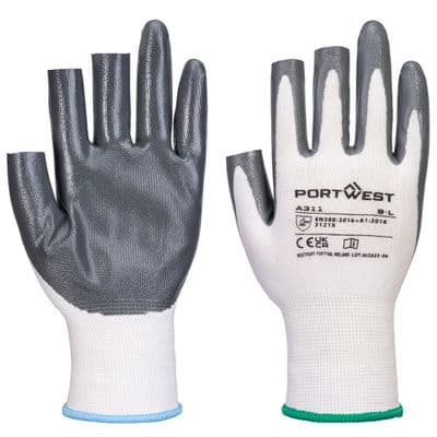 Portwest A311 - Grip 13 Nitrile 3 Fingerless Glove (Pk12)  White/Grey