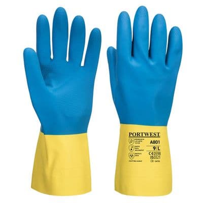 Portwest A801 - Double Dipped Latex Gauntlet  Yellow/Blue