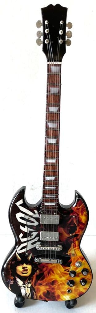 AC/DC: Logo/Angus Young Miniature Wooden 1:4 Scale Guitar With Stand (New/Box)