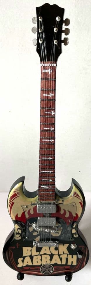 Black Sabbath Logo & Band Miniature Wooden 1:4 Scale Guitar With Stand (New/Box)